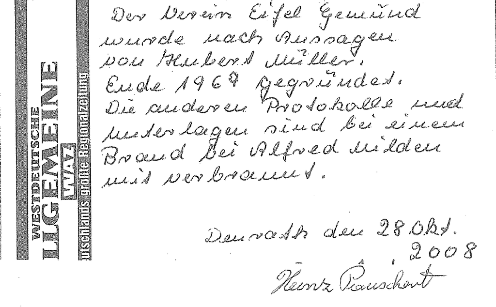 Gründungsnotiz des Rassegeflügelzuchtvereins Eifel-Gemünd